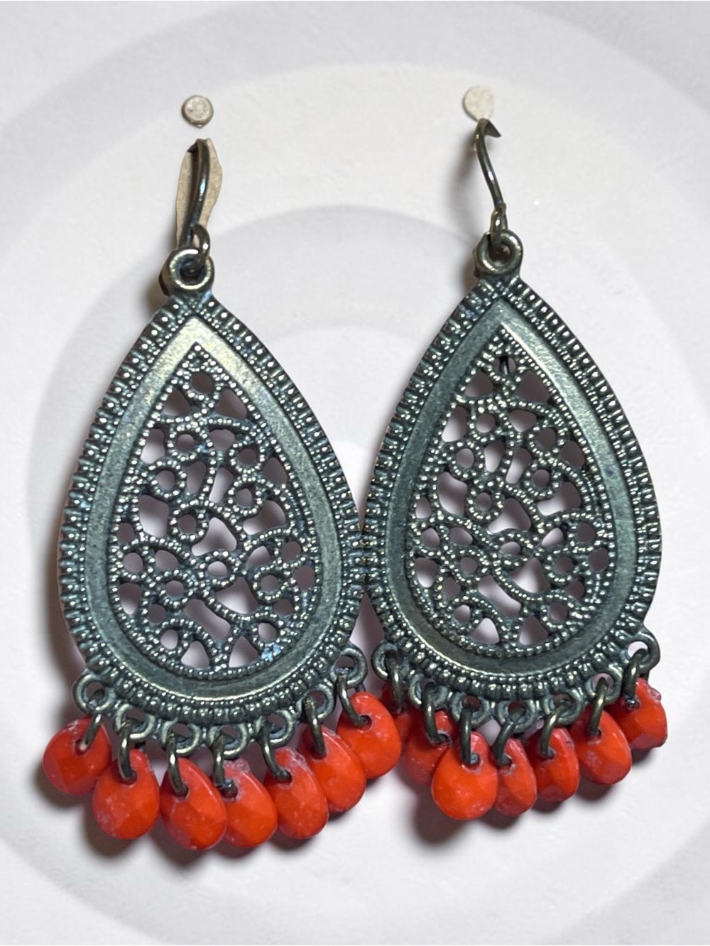 Filigree Teardrop Dangle Earrings with Orange Beads